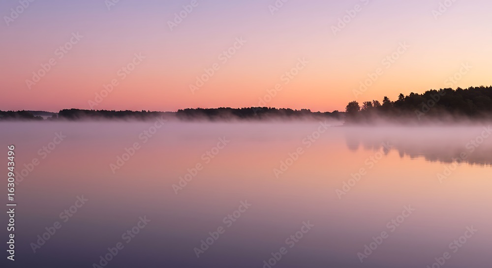 Obraz premium Misty Dawn Reflections on Lake: A serene landscape captures the gentle, ethereal beauty of dawn, as a tranquil lake mirrors the soft hues of the sunrise and the subtle wisps of morning mist.