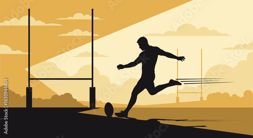 A silhouette of a rugby player powerfully kicking a ball towards the goal posts on a field.