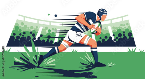 Rugby player sprinting across the field, holding the oval ball towards the stadium.