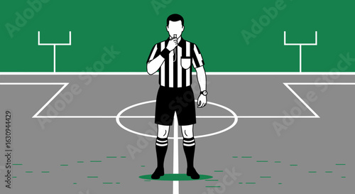 Referee in black and white uniform blowing whistle on a green and gray sports field.
