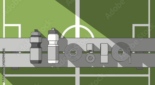 Flat lay of sports equipment and water bottles on a field.