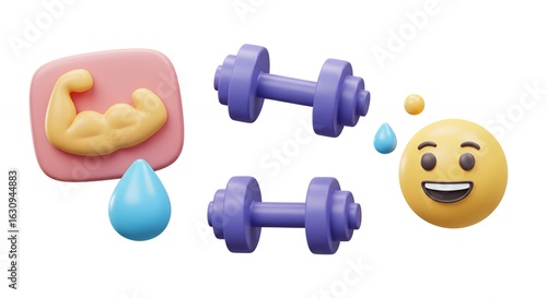 Fitness illustration with dumbbells bicep water drop and happy emoji