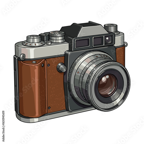 Vintage brown and silver camera with detailed lens and dials. Vector illustration