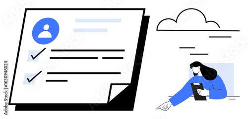 User profile card beside checklist with completed tasks, woman holding tablet, cloud icon above. Ideal for productivity, task management, user profiles, online accounts, teamwork, digital tools