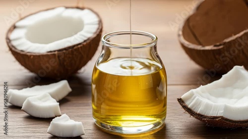 Coconut oil pouring into glass jar on wooden surface with coconut pieces healthy food concept