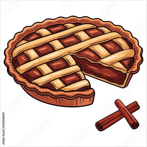Cinnamon pie baked dessert illustration with appetizing sweet pastry outline. Ideal for food art, confectionery visuals, and bakery product packaging designs.