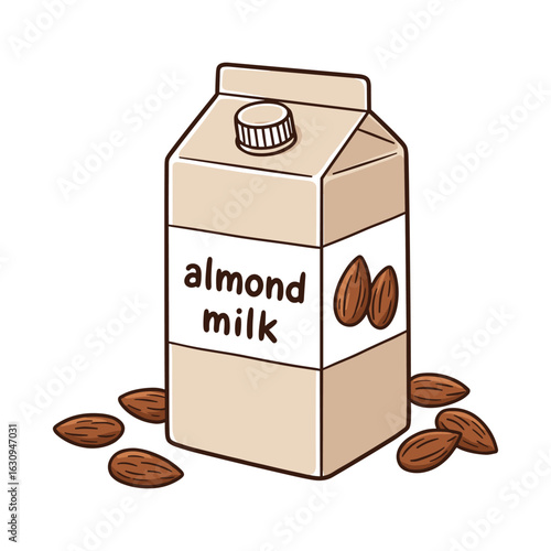 Almond milk carton with almonds. Vector illustration