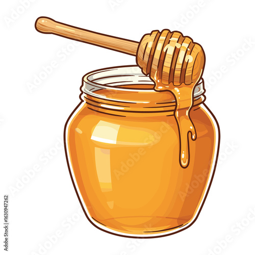 Honey jar with wooden dipper and dripping honey. Vector illustration