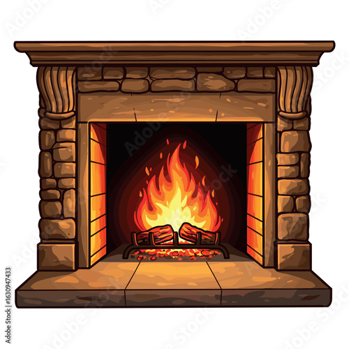 Rustic stone fireplace with burning logs and bright flames. Vector illustration