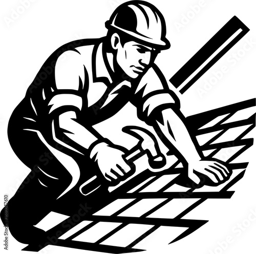 Roofing Contractor on Shingles with Hammer – Black and White Tradesman Vector