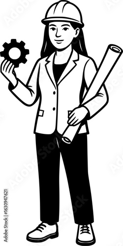 Female Engineer Holding Gear and Blueprint – Black and White STEM Career Vector Illustration