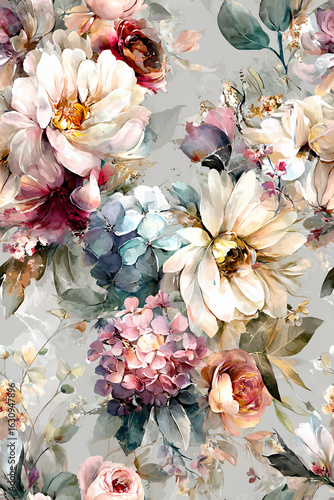 Colorful Floral Blooms Watercolor Art Chic Wildflowers Botanical Design Luxurious Bouquet Pink Yellow Green Luxury Blossom Spring Time Beauty Decoration Elegant Pattern Soft Background