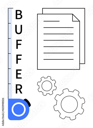 Measuring tape labeled Buffer, documents with text, and two gears symbolize planning, efficiency, process optimization, workflow, productivity, strategy, and a simple landing page