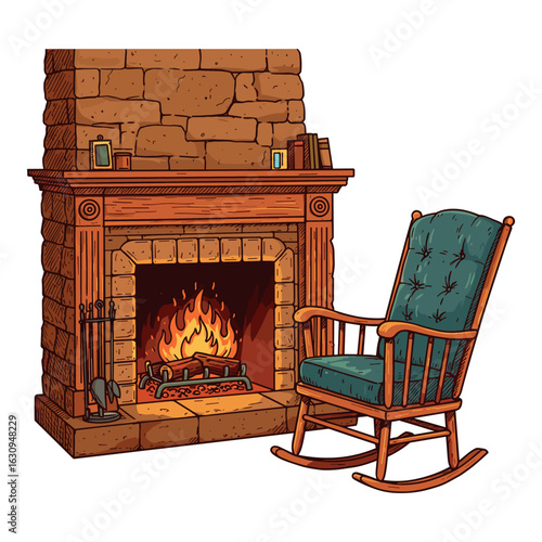 Cozy brick fireplace with wooden rocking chair and warm fire. Vector illustration