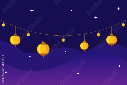 Festive yellow lanterns stringed against a starry night sky