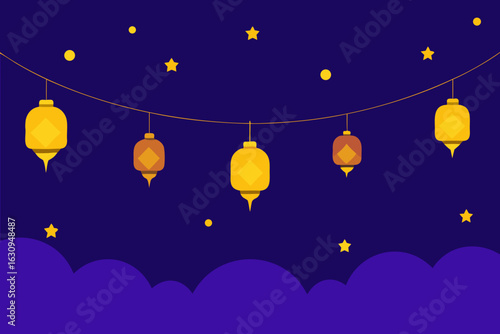 Festive lanterns illuminated against a starry night sky