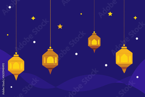 Islamic lanterns and stars on a dark blue night sky