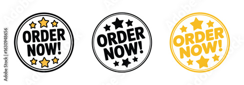 Set of 3 Order Now Button Icons - Vector Badges with Stars in Black and Yellow for E-commerce, Call to Action, and Online Shopping.