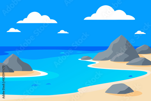 Vibrant coastal landscape with blue waters and rocky shores