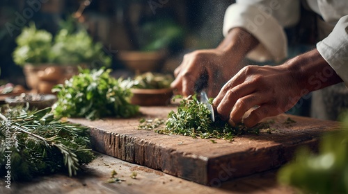 Cinematic shot of a chef cutting herbs finely