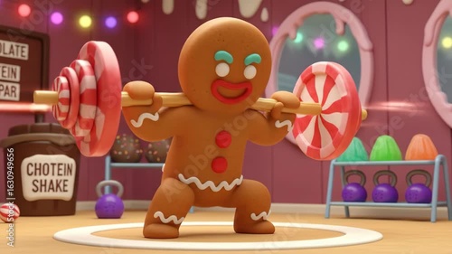 Gingerbread man workout in cartoon gym setting with sweet treat theme
