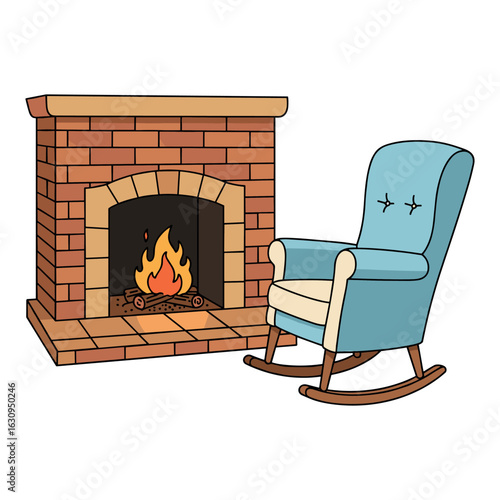 Cozy brick fireplace with blue rocking chair in relaxing living room scene. Vector illustration