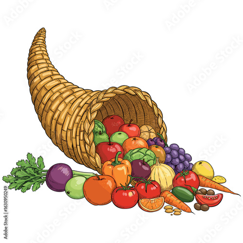 Cornucopia with fruits and vegetables overflowing from wicker basket. Vector illustration
