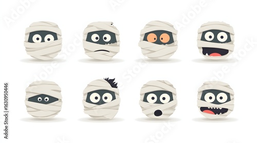 Cartoon mummy face and wrap icons in vector