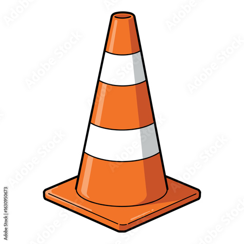 Orange traffic cone with white stripes on base for road safety. Vector illustration