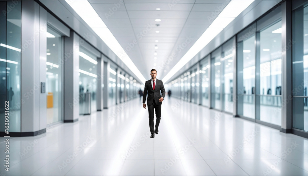 Fototapeta premium Businessman walking out of the hallway of a modern building.