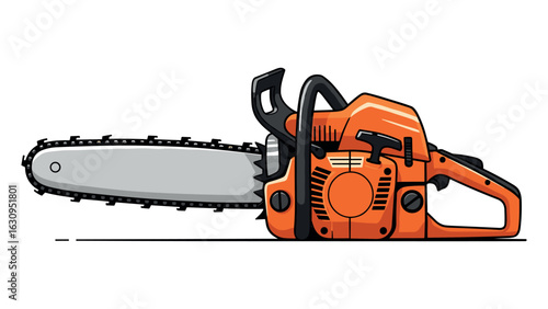 Orange chainsaw design with detailed blade and handle. Vector illustration
