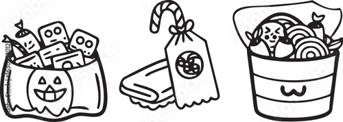 Black and white line art of Halloween treats in containers trick or treat candy