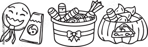 Black and white line art of Halloween candy and treats in containers trick or treat lollipop