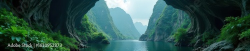 Son Doong's massive cave mouth, lush greenery, Vietnam, viewpoint, giant cave