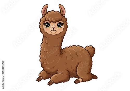 Adorable cartoon brown llama with fluffy wool and big eyes