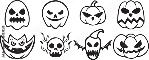 Eight black and white spooky Halloween character illustrations ghost pumpkin
