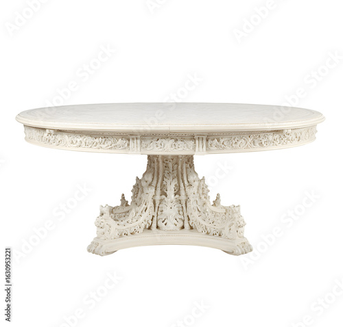 Ornate, carved, antique style oval dining table.