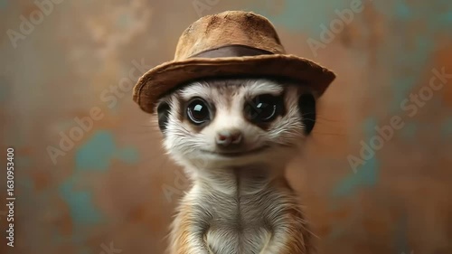 Cute meerkat wearing a brown hat, close-up portrait.
