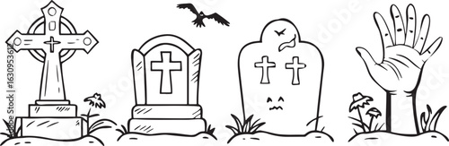 Spooky graveyard elements with Celtic cross tombstone and rising hand cemetery gravestone