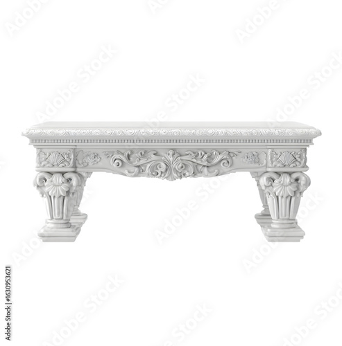 Ornate white stone bench with decorative carvings.