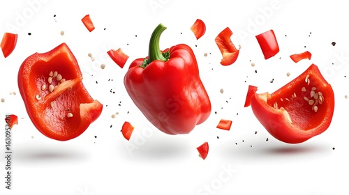 Vibrant red bell pepper two half cut red peppers and flying chopped pieces with peppercorns on white background