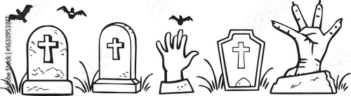 Spooky graveyard scene with tombstones bats and rising hand vector graphic cemetery gravestone