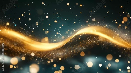 Abstract golden light trail with bokeh effect against a dark background.