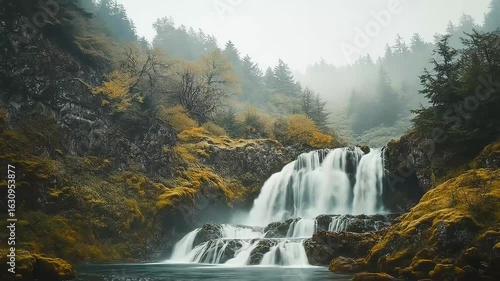 A scenic view of a cascading waterfall flowing through a lush, mossy forest with a misty backdrop.