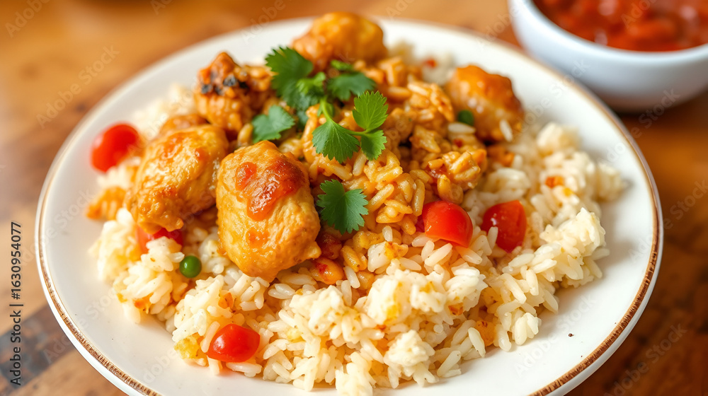 Traditional Mexican arroz con pollo with rice and chicken. Featuring a hearty and flavorful dish. Highlighting the texture and spices of the arroz con pollo. Ideal for food and cultural themes. Traditional Mexican arroz con pollo with rice and chicken. Featuring a hearty and flavorful dish. Highlighting the texture and spices of the arroz con pollo. Ideal for food and cultural themes.