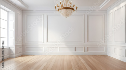 Room interior with white classic wall panel and wooden floor. Light background with luxury elegant molding frames. Realistic 3d vector illustration of home or office design with moulding and parquet