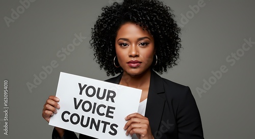 A person holding a sign with the message Your Voice Counts. 