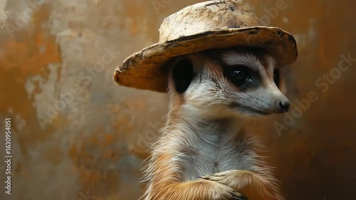 A meerkat wearing a rustic straw hat, posed against a textured wall.