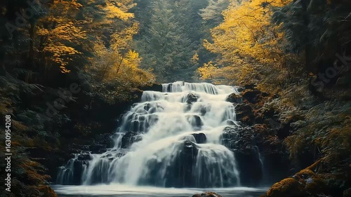 Autumnal waterfall cascading down rocky terrain in a lush forest.