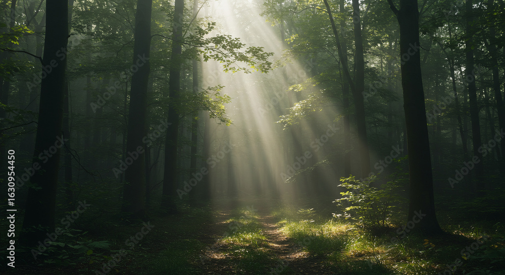 Obraz premium Dense green forest with sun rays breaking through mist